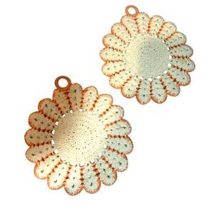 Handmade Crochet Pot Holder Pair White Peach Hanging Decor Coaster